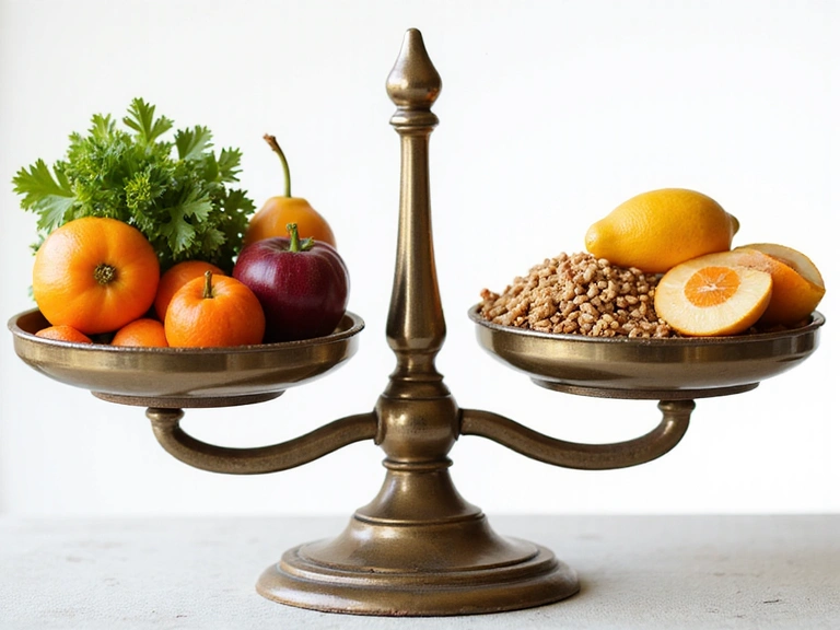 Balanced scale with healthy and unhealthy food items